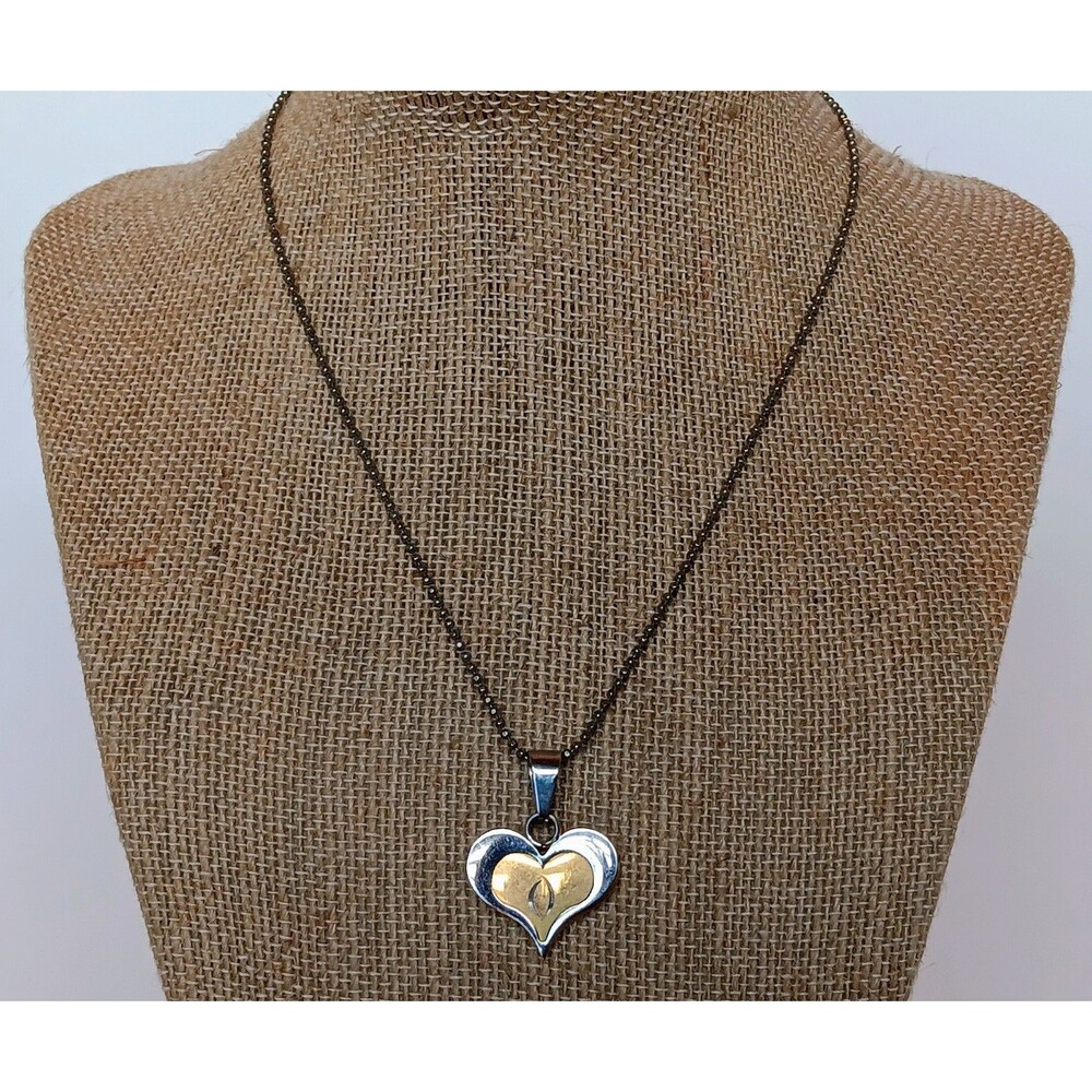 Two Tone S.Steel Heart Pendant Diamond Cut Silvertone Ball Chain Necklace 14 in